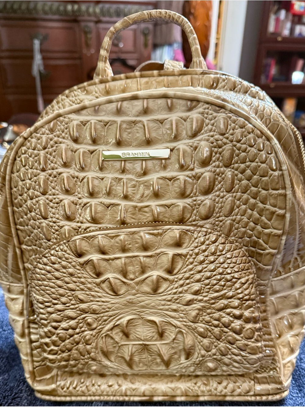 Brahmin Croc-Embossed Mini Backpack in Tan with Gold Accent
